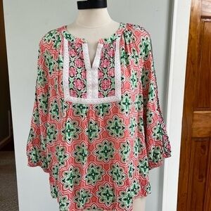 Womens Size 1X Floral Flowy Green and Peach Rayon Blouse Lightweight Boho